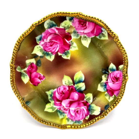 Antique Nippon Hand Painted Rose Plate Gold Beaded Rim