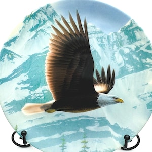 May include: A decorative plate featuring a bald eagle in flight against a backdrop of snow-capped mountains. The eagle has brown and white feathers, a yellow beak, and is set against a light blue and white background. The plate is round and has a black metal stand.