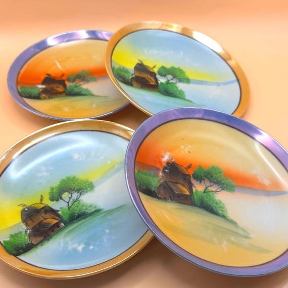Vintage Hand Painted Japan Windmill Plates Set of 4
