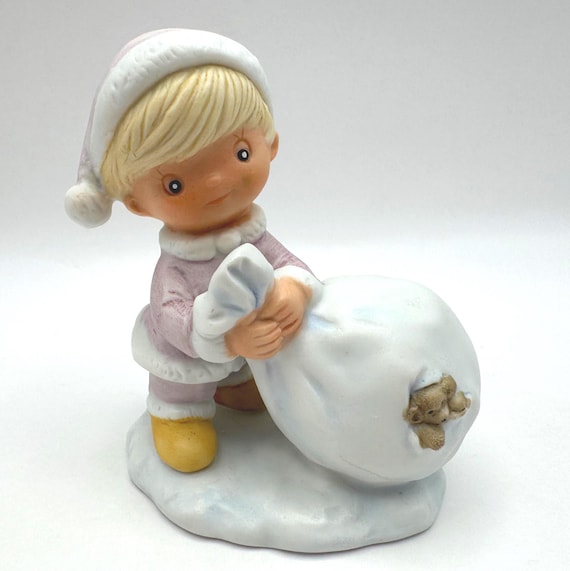 Vintage Christmas Boy Figurine with Gift Bag & Teddy
