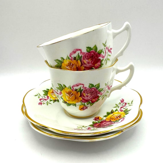 Vintage English Bone China Teacup & Saucer Set – Yellow Rose Floral