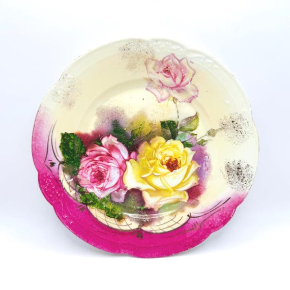 Elegant E&R Germany Floral Plate - Vintage Decor with Yellow and Pink Roses and Gold Trim