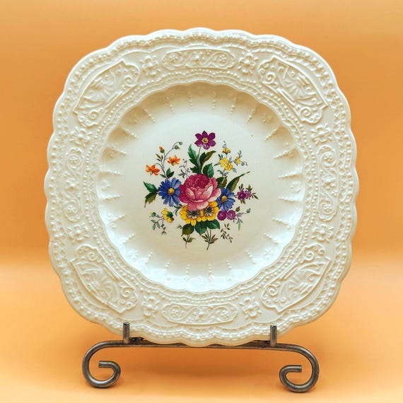 Vintage Edwin Knowles Floral China Plates Ivory Embossed Rim