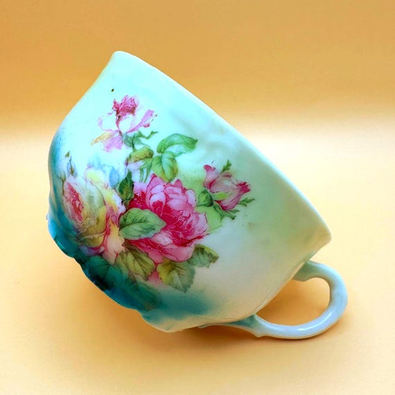 Vintage Hand Painted Floral Teacup Pink Roses Green Ombre Porcelain Cup
