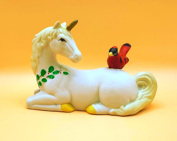Vintage Unicorn Figurine Cardinal Bird Decor