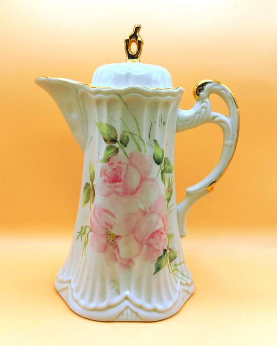 Vintage Hand Painted Rose Pitcher w Lid Gold Trim Signed