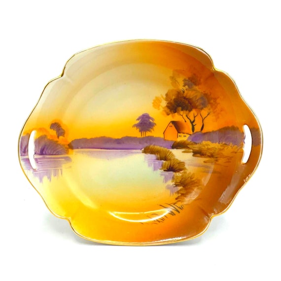 Charming Antique Nippon Bowl - Hand-Painted Cottage & Lake Design with Handles