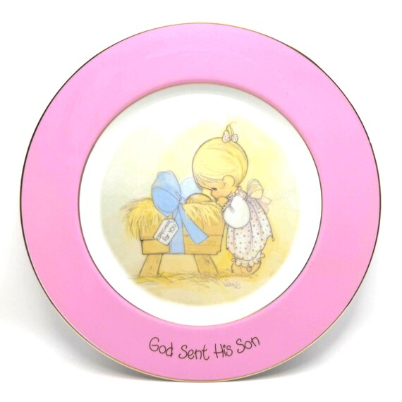 Vintage Precious Moments 'God Sent His Son' Collector Plate with Pink Trim