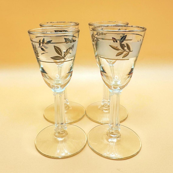Vintage Libbey Silver Foliage Cordial Glasses Set of 4 Silver Leaf Stemware