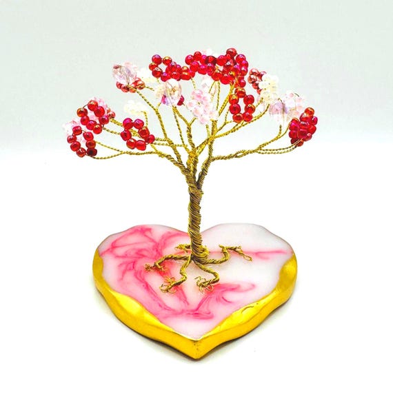 Wire Art Sculpture for Valentine's Day - Handmade Copper Tree in Pink & Red