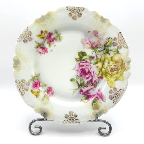 Shabby Chic Floral Plate - Pink and Yellow Roses with Luster and Gold Touches