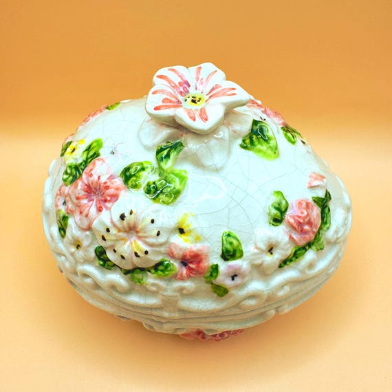 Cracker Barrel Floral Egg Trinket Box Porcelain Crackle Glaze