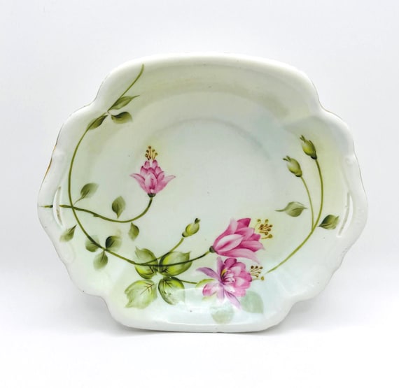 Hand Painted Nippon Bowl - Vintage Double Handled Dish with Green & Pink Florals