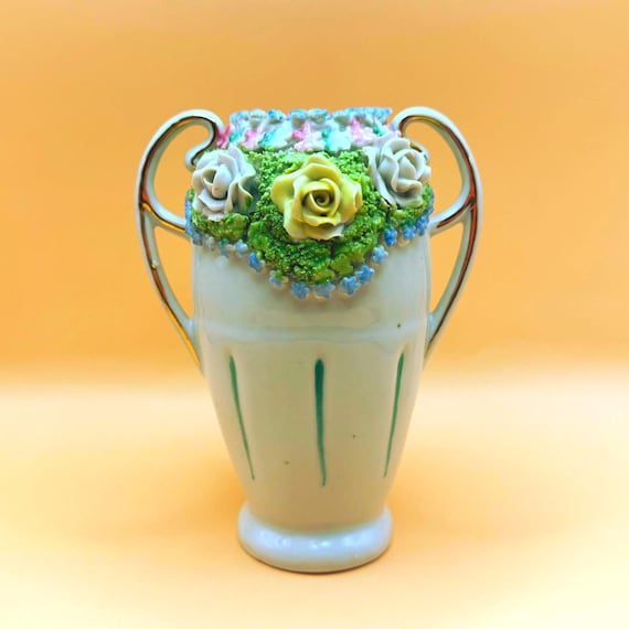 Antique German Elfinware Vase Applied Roses Mossware Double Handle