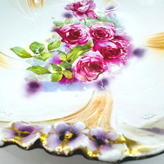 Antique Large Johann Seltmann Bavarian Decorative Bowl with Pink Roses and Luster Accents