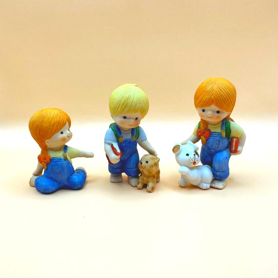 Vintage Enesco Country Cousins Katie & Scooter Figurines Set of 3 Bisque Porcelain