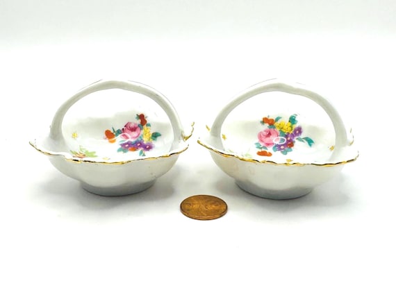 Delicate Handled Mini Baskets with Floral Design - Scalloped Edging - Gold Trim - Made in Japan