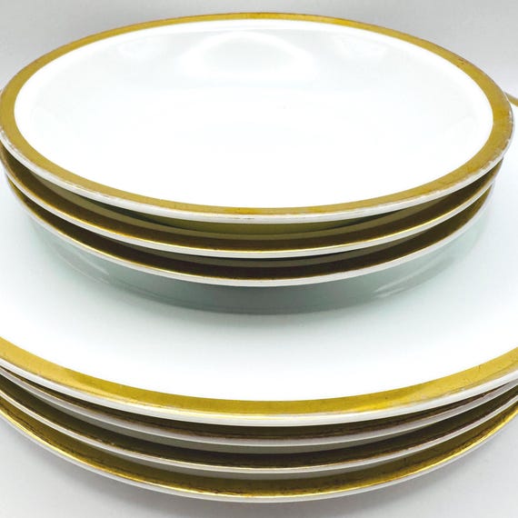Antique Turin Bavaria Tableware - White and Gold Dinner Plates or Berry Bowls