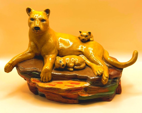 Vintage Scioto S-334 Mountain Lion & Cubs Ceramic Figurine Hand Painted Wildlife Decor