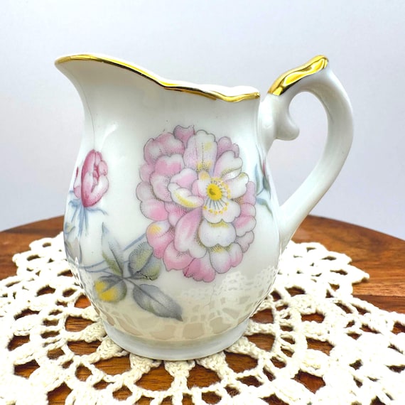 Vintage Floral Porcelain Creamer with Gold Trim