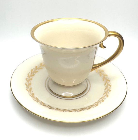 Elegant Vintage Mix Match Teacup Saucer Set - Cream and Gold Demitasse - Pickard Laurel Pattern Saucer with Flintridge Teacup