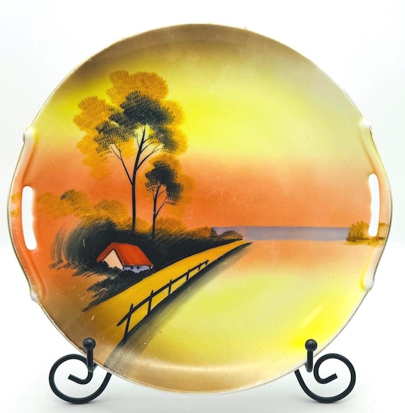 Antique Meito China Double Handled Platter - Hand Painted, Gold and Peach Tones