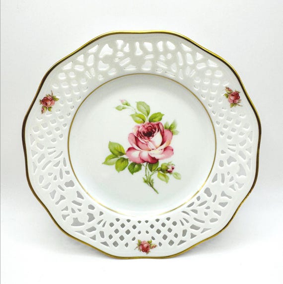 Vintage Schumann Germany Decorative Bowl with Pink Rose, Elegant Lattice Edge