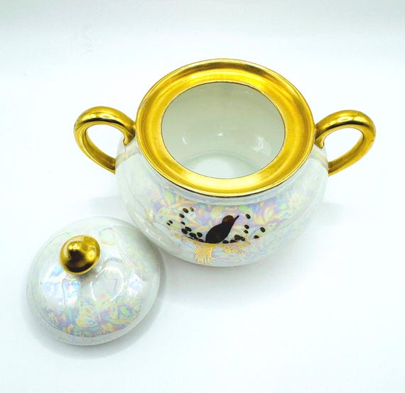 Vintage Bavaria Schumann Sugar Bowl: Iridescent Pearl, Gold Peacock Detailing