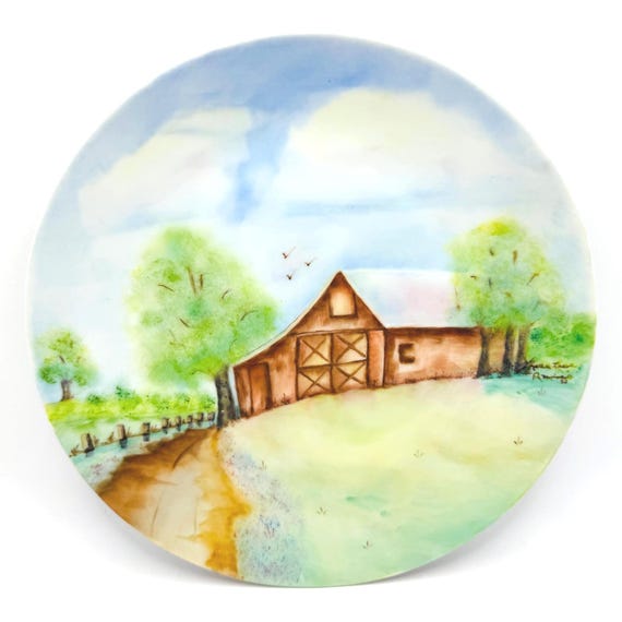 Artist Signed Vintage Plate - Hand Painted Barn & Scenic Landscape Design