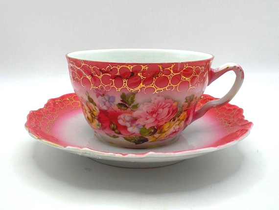 Antique Austrian Pink & Gold Teacup and Saucer, Hand-Painted Roses, 1900s Austrian Art Nouveau Porcelain
