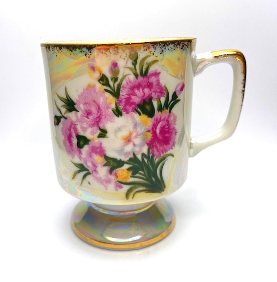 Vintage Ucagco Lusterware Mug: January Carnation Flower Coffee Cup