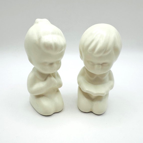 Vintage Ceramic Praying Boy and Girl Figurines Set in Matte White
