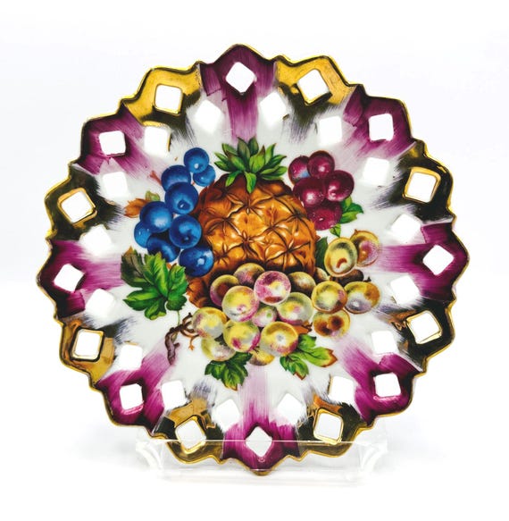 Vintage Colorful Hand Painted Plates, Pineapples & Grapes, Aqua or Fuchsia