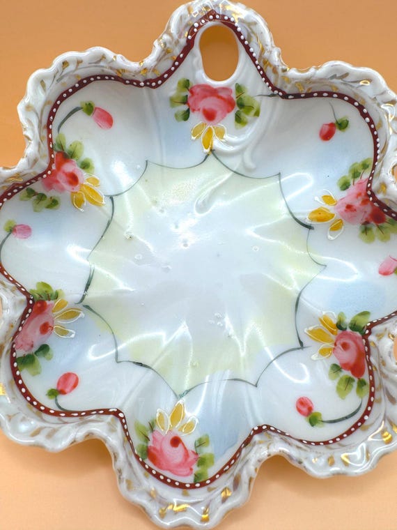 Vintage 1950s Made in Japan Porcelain Candy Dish Hand Painted Floral Trinket Bowl