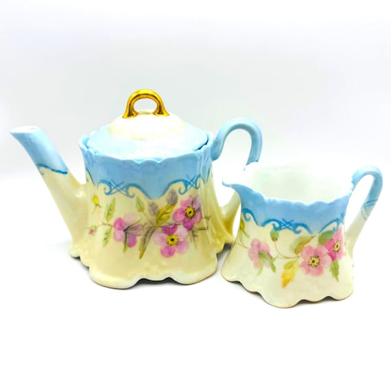 Antique Little Teapot and Creamer Set by Z.S. & Co - Pink Forget Me Not Flowers