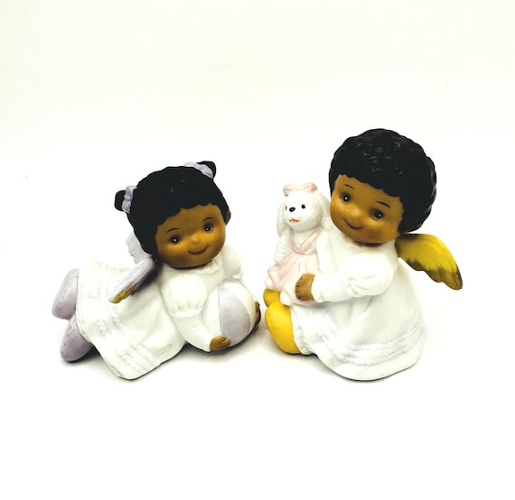 Charming Vintage Angel Figurines - Purple & Gold Winged Duo for Home Decor