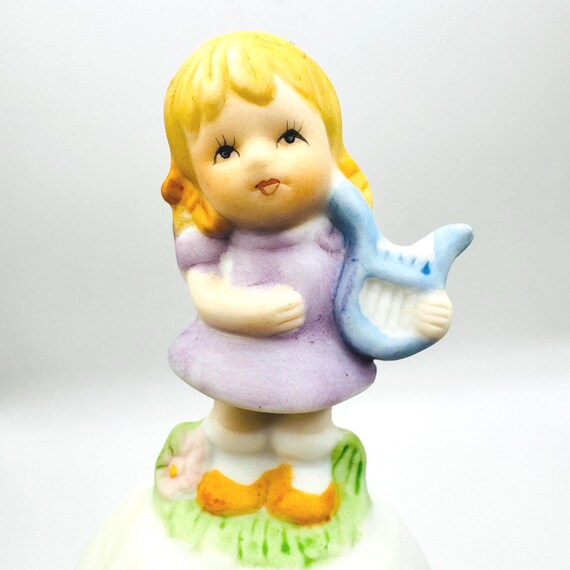 Vintage Homco Bisque Bell with Girl and Instrument - Pink Floral Design