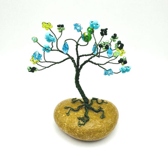 Unique Copper Wire Tree Art | Handmade Home Decor Piece | Aqua & lime green