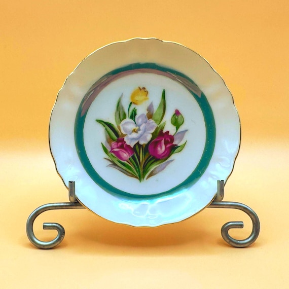 Vintage Japan Floral Trinket Dish Aqua Luster Gold Trim
