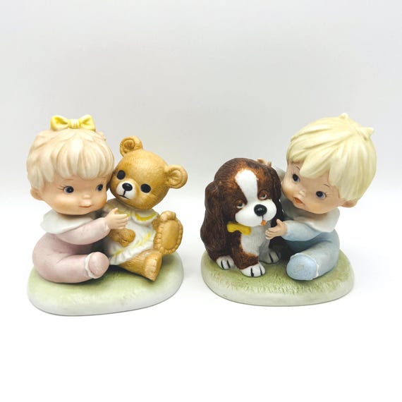 Vintage Homco Figurines - Sweet Baby Boy with Puppy & Girl with Teddy Bear