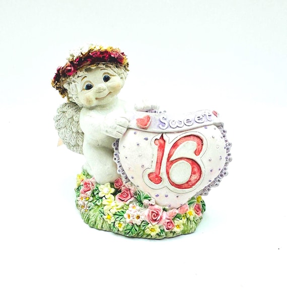 Vintage Sweet 16 Cherub Figurine - Kristin Haynes Art - Pink & Yellow Floral Design