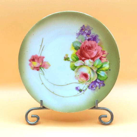Antique Hand Painted German Porcelain Cabinet Plate Roses Violets 6"