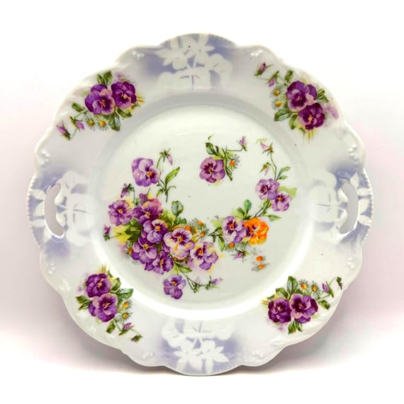 Antique BCT Germany Handled Plate - Purple Pansies - Carl Tielsch Bavaria