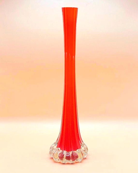 Vintage Red Art Glass Vase Tall Fluted Bud Vase Clear Base