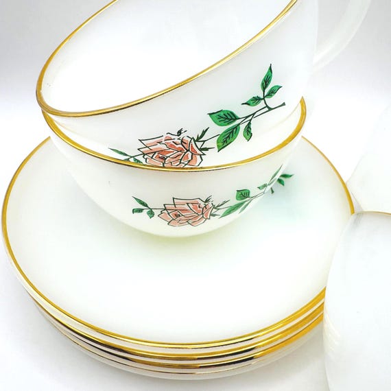 Vintage Anchor Hocking Fire-King Anniversary Rose Teacups & Saucers in Milk Glass - Select Quantity