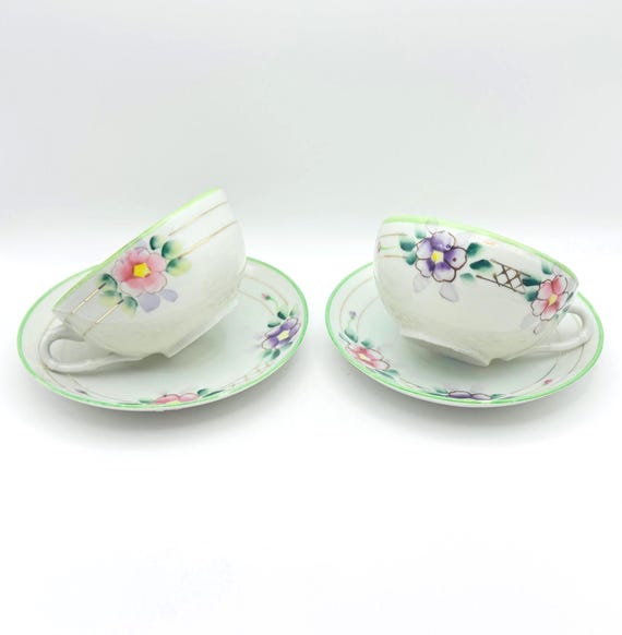 Antique Takito Tea Cup and Saucer Set: Elegant Purple and Pink Flowers, Gold Accents, Green Trim