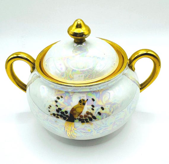 Bavaria Schumann Sugar with Lid or Tea Packet Holder - Iridescent Pearl with Luxurious Gold Detailing including a Peacock