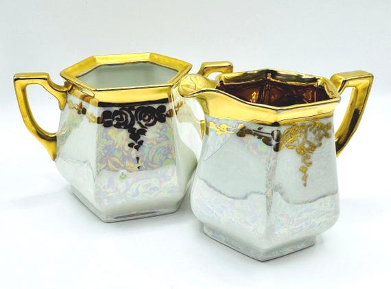 Bavarian Creamer and Sugar Set - Iridescent Pearl with Luxurious Gold Detailing