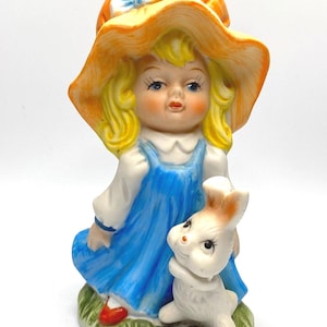 Vintage Girl with Bunny Figurine: Taiwan Collectible, Easter Decor