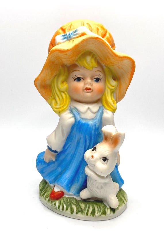Vintage Girl With Bunny Figurine - Taiwan Figurine - Collectible Figurine - Decor Accent - Easter Decor - Alice in Wonderland